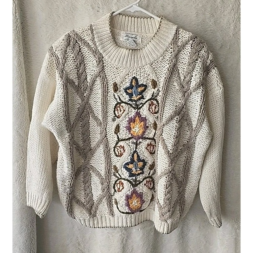Vintage‎ Margules Women's Cream Floral Knit Sweater Cottagecore Fall Autumn Sz L